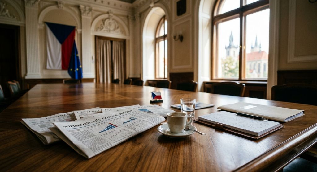 Nowoczesne gmachy instytucji europejskich i prasa gospodarcza w porannym świetle