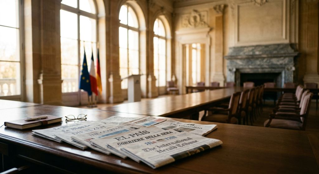 Gazety europejskie i dokumenty analityczne na stole w porannym świetle
