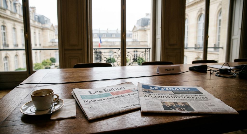 Gazety ekonomiczne Les Echos i Le Figaro leżące na biurku na tle flag europejskich