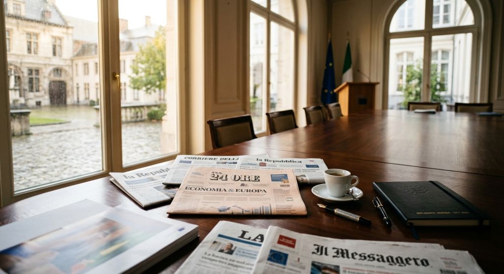 Prasowy stół dyplomatyczny z rozłożonymi włoskimi dziennikami Il Sole 24 Ore i Corriere della Sera