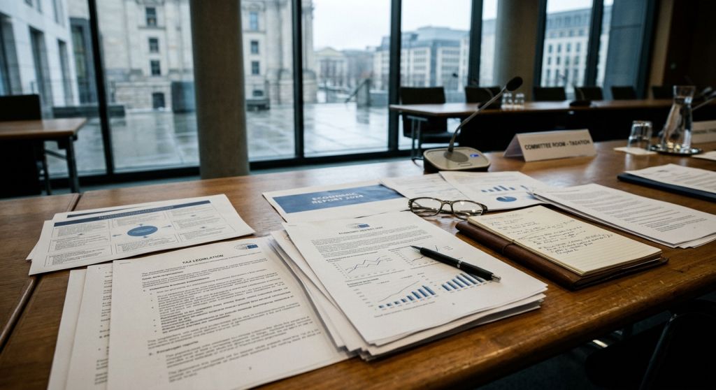 Dokumenty finansowe i analizy budżetowe na biurku na tle nowoczesnego gmachu instytucji państwowej