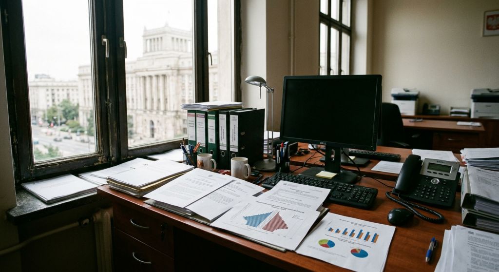 Gmach Ministerstwa Finansów oraz dokumenty analityczne dotyczące prognoz emerytalnych i demograficznych w Warszawie