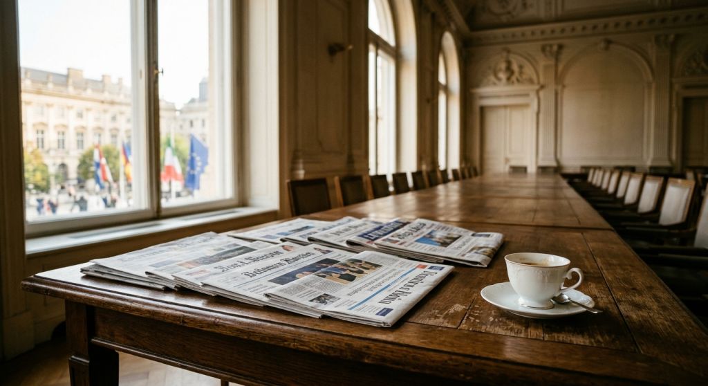 Holenderskie gazety i filiżanka kawy na stole konferencyjnym w porannym świetle