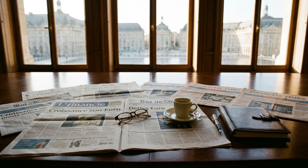 Europejskie gazety ekonomiczne i francuska prasa rozłożone na stole w sali konferencyjnej