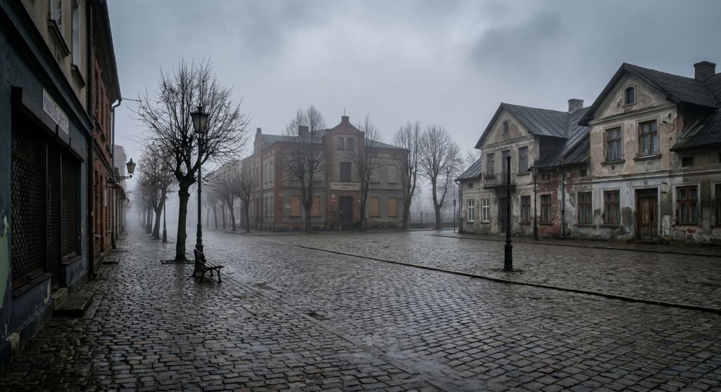 Pusty plac miejski w prowincjonalnym miasteczku o zamglonym świcie symbolizujący postępującą depopulację
