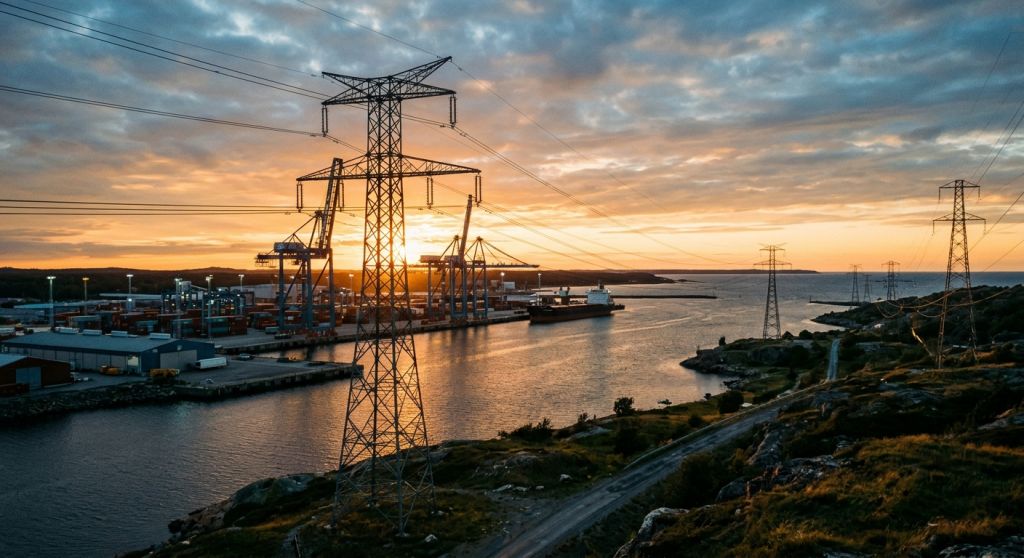 Panoramiczny widok infrastruktury elektroenergetycznej i portowej metropolii o złotej godzinie