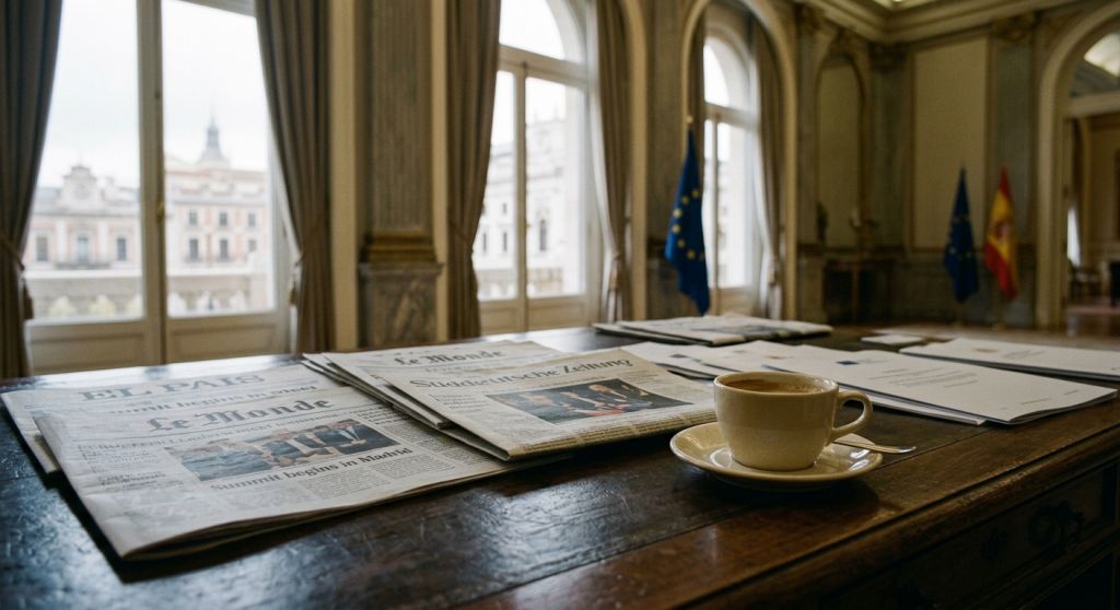 Międzynarodowe gazety i hiszpańskie analizy prasowe w sali konferencyjnej