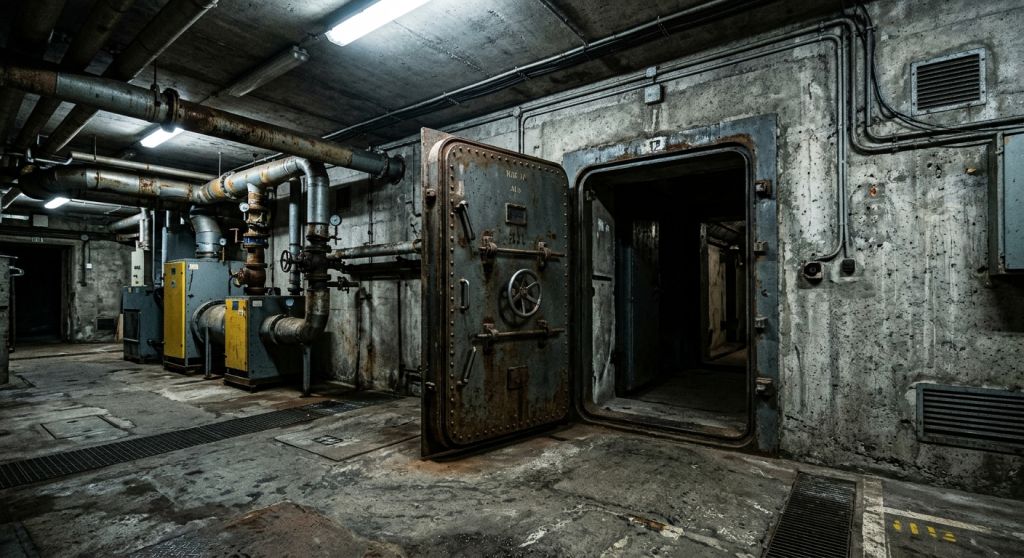 Betonowe wejście do podziemnego schronu obrony cywilnej z potężnymi stalowymi drzwiami gazoszczelnymi.